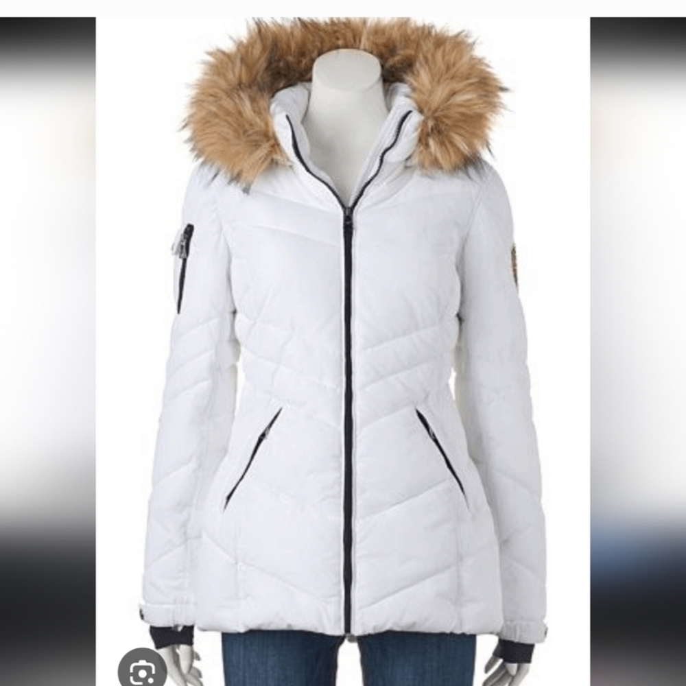 Madden Girl Hooded White Puffer Coat Jacket Parka Faux Fur Trim Hood Sz M Medium - Picture 2 of 16